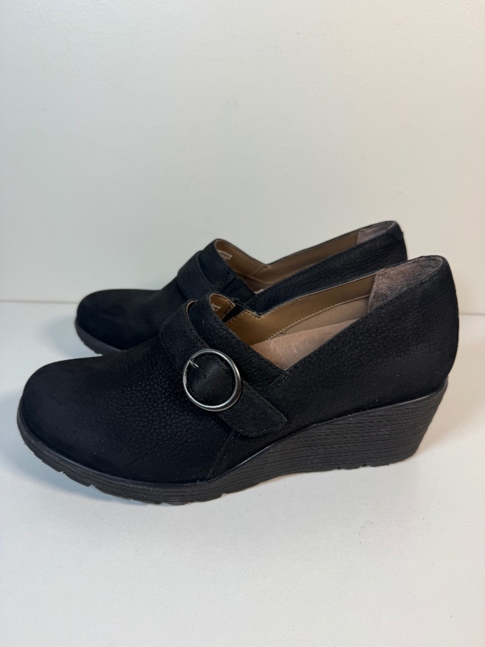 Dansko Clio Black Nubuck Leather Wedge Slip On Buckle Shoes | Size 39 